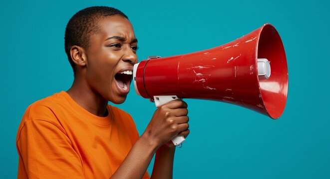 A young woman in an orange shirt uses a megaphone to make her voice heard against blue backdrop.