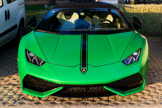 Savudria, Croatia- 09.08.2025: Green Lamborghini Hurac&aacute;n front view parked outdoors &ndash;  sports car editorial image
