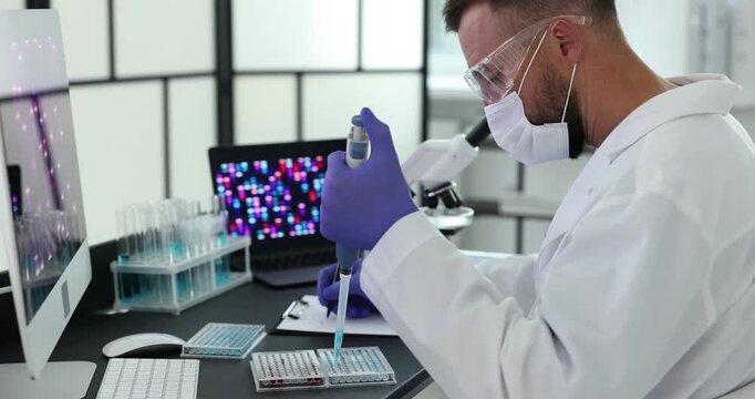 Research in genetics. Scientist with micropipette and microplate working at table in laboratory