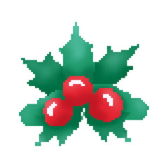 Pixel holly branch with green leaves and red berries, perfect for winter decorations, festive cards, and Christmas design projects