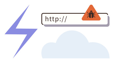 Lightning bolt, browser malware alert, and cloud illustration representing security risks. Ideal for cybersecurity, cloud services, online threat, malware, hacking, data breach simple flat metaphor