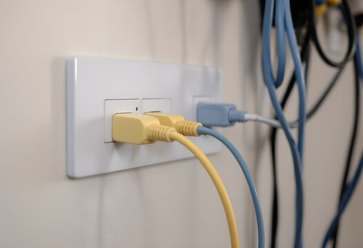 Electrical outlet with colorful cords plugged in.
