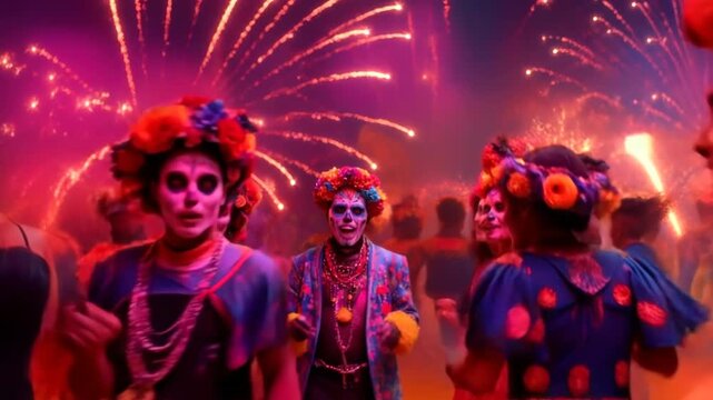 Day Of The Dead festival celebration showcases colorful costumes, joyful expressions, and stunning