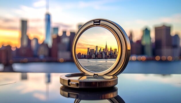 New York City skyline reflected in a compact mirror at sunset.