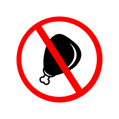 No chicken meat sign icon. Prohibition symbol for eating chicken or meat products. Vegan, vegetarian, and plant-based diet concept. Healthy lifestyle and animal rights awareness vector illustration.