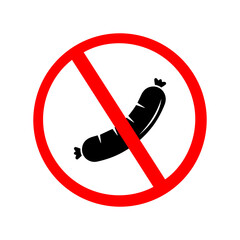 No sausage sign vector illustration. Red prohibition circle with crossed sausage icon. Symbol for vegetarian, vegan, or healthy diet concept. 