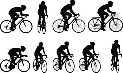Black silhouette vector illustration of cyclists riding bicycles, men and women on road bikes, fitness training, exercise, outdoor sport activity design