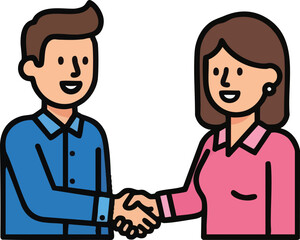 Cartoon illustration of a man and woman shaking hands.