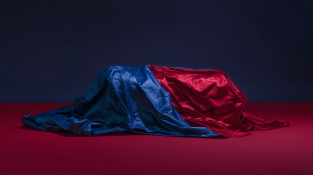 reversible. A reversible jacket lying on a plain surface, one side blue and the other red. lifestyle magazines, social media lookbooks, designed for lifestyle magazines and social media content.
