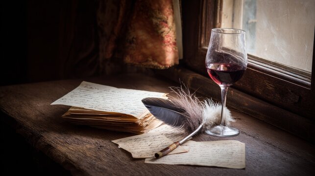 handwritten. Still life of handwritten manuscripts, a feather pen, and wine on a wooden desk. event programs, museum guides, designed for cultural heritage projects and event programs.
