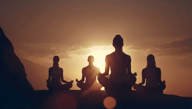 Four figures engage in serene meditation as the sun sets, casting an awe-inspiring glow across the horizon and creating a serene ambiance for self-reflection and inner peace