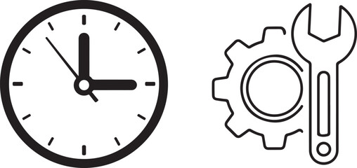 Minimalist Black Outline Clock, Gear, and Wrench Vector Icons