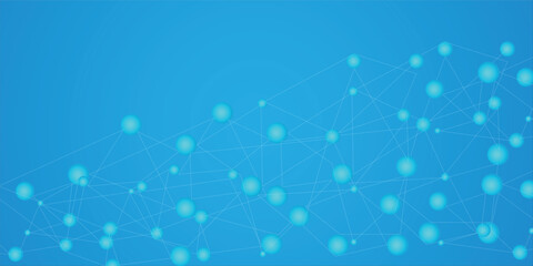 Futuristic digital network with connected glowing spheres and lines on blue background. Concept of global communication, artificial intelligence, and modern technology design.