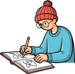 Illustrated person with glasses and a red beanie sketching in a book.