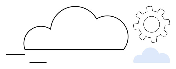 Large outlined cloud with lines suggesting motion, smaller cloud, and gear. Ideal for technology, cloud computing, system integration, digital transformation, process automation, networking data