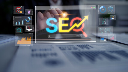 SEO concept for improving SEO visibility, with SEO related digital tools and SEO performance icons...