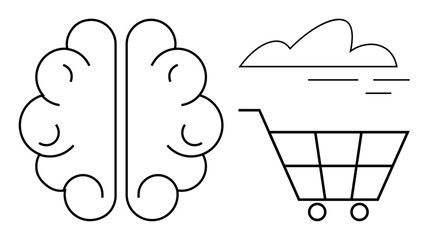 Brain paired with a shopping cart under a stylized cloud, merging intellect with commerce. Ideal for marketing, e-commerce, decision-making, innovation, technology, psychology education. Simple flat