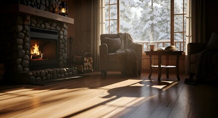 Fototapeta premium Cozy winter cabin interior with stone fireplace, armchair, and s