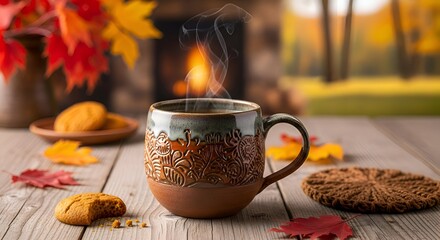 Steaming Coffee in Embossed Mug with Autumn Leaves and Cookies b