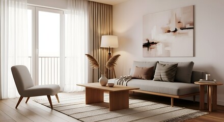 Serene Living Room with Neutral Tones, Abstract Art, and Natural