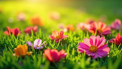 Scattered Flower Petals on Lush Green Grass, Bathed in Warm Sunlight - Perfect SpringSummer Nature Image for Websites and Social Media