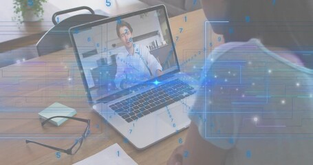 Listener pushing glasses aside, initiating remote call for tech discussion with digital overlays - Powered by Adobe