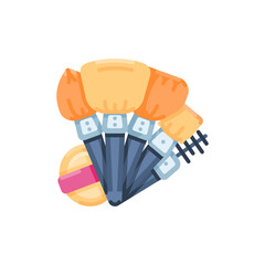 Pixel art illustration of makeup brushes and powder puff on a transparent background for beauty and cosmetic applications