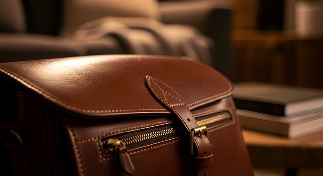 Close-up of a luxurious brown leather satchel with brass hardwar