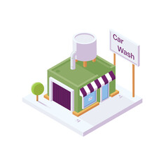 Pixel Art Isometric Car Wash Building With Water Tower Sign and Tree on Transparent Background