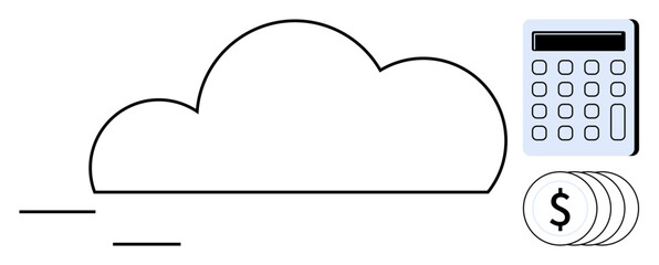 Cloud outline with calculator and coins suggesting financial planning, data storage, or digital revenue. Ideal for finance, accounting, budgeting, data analysis, economics, cloud computing