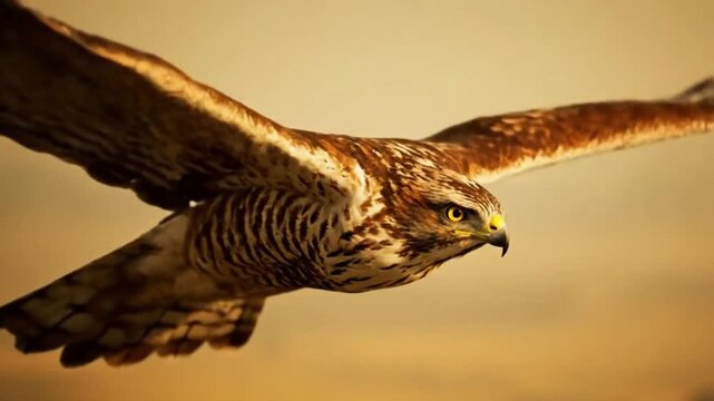 Detailed close-up of a red-tailed hawk in flight, showcasing intricate wing patterns against a muted golden background.
