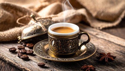 Steaming Turkish coffee in ornate cup