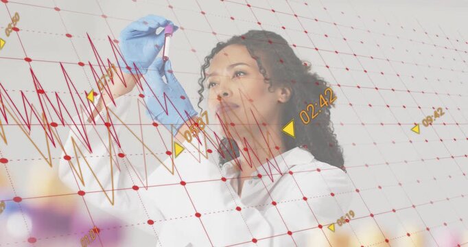 Female scientist lifting pink liquid test tube while lab data timeline ticking and 3D grid rotating