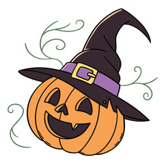 A smiling jack-o'-lantern wears a tall black witch’s hat with a purple band and yellow buckle. Surrounded by green swirls, it radiates festive Halloween cheer.