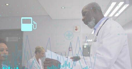 Doctor handing charts to nurse starting animated icons cycling over graph during medical meeting - Powered by Adobe