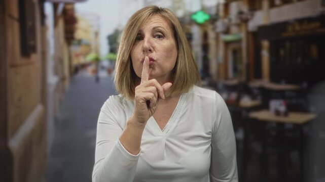 Middle age woman wearing white top finger to lips for silence on street terrace at a restaurant; quiet calm.