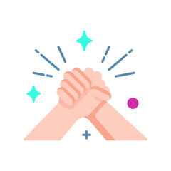 Two hands clasping in a firm handshake symbolizing agreement and teamwork with sparkling turquoise and purple accents on a transparent background