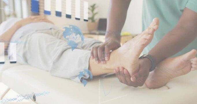 On contact physiotherapist lifting patient foot for motion test in clinic, data charts overlaying