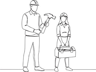 Two construction workers, a man with a hammer and a woman with a toolbox, wearing hard hats, depicted in continuous line art. Tradespeople, builders, teamwork concept