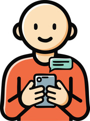 Smiling cartoon person happily texting on a modern smartphone.