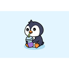 Pixel Art Penguin Enjoying a Purple Ice Cream Drink with a Straw on a Light Blue Background