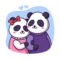 Two Cute Cartoon Pandas Embracing Affectionately Featuring Pink and Purple Sweaters with a Red Bow on One Panda and Blue Hearts Above Them on a Transparent Background