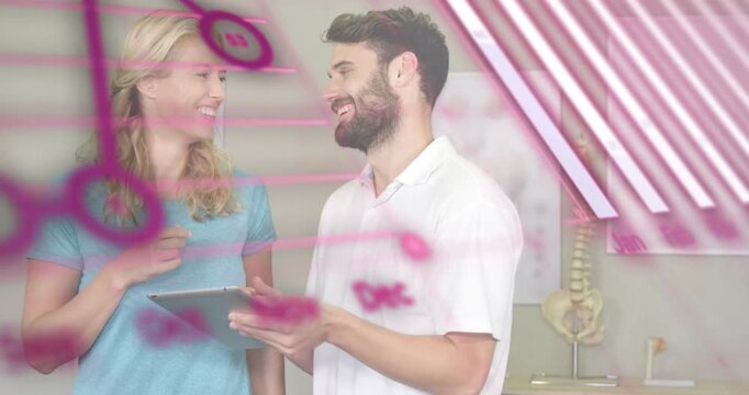 Man tapping tablet screen triggers code overlay morphing into bar and pie chart for clinical review