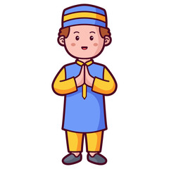 Pixel Art Moslem Boy Wearing Blue Kurta Yellow Pants and Kufi Hat with Hands Together in Prayer Greeting Transparent Background