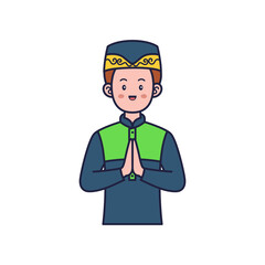 Pixel Art Moslem Student Illustration With Traditional Headwear Offering Respectful Greeting In Transparent Background