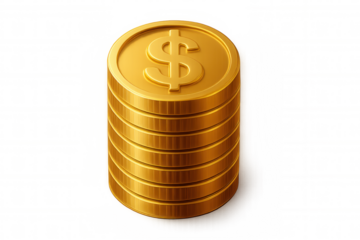 Golden dollar coins stacked, symbolizing wealth, savings, investment, finance, and financial growth on transparent background