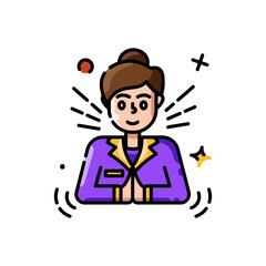Pixel Art of a Woman in a Purple Blazer with a Joyful Expression and Sparkles Against a Transparent Background