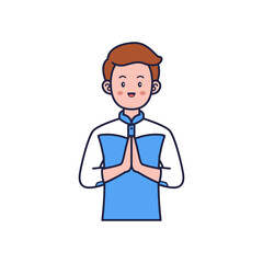 Pixel Art Of A Young Man In Traditional Blue And White Clothing Offering A Prayer Gesture With Both Hands Clasped Together In Front Of His Chest Isolated On A White Background