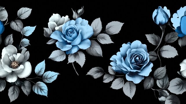 Blue Rose Floral Seamless Pattern on Black Background, Hand Drawn Modern Decorative Design for Textile, Wallpaper, Packaging, Fashion Print
