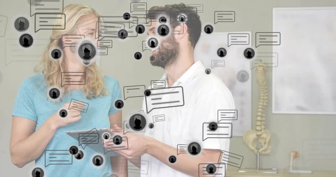 Therapist tapping tablet in health consultation with chat bubbles and patient discussing progress